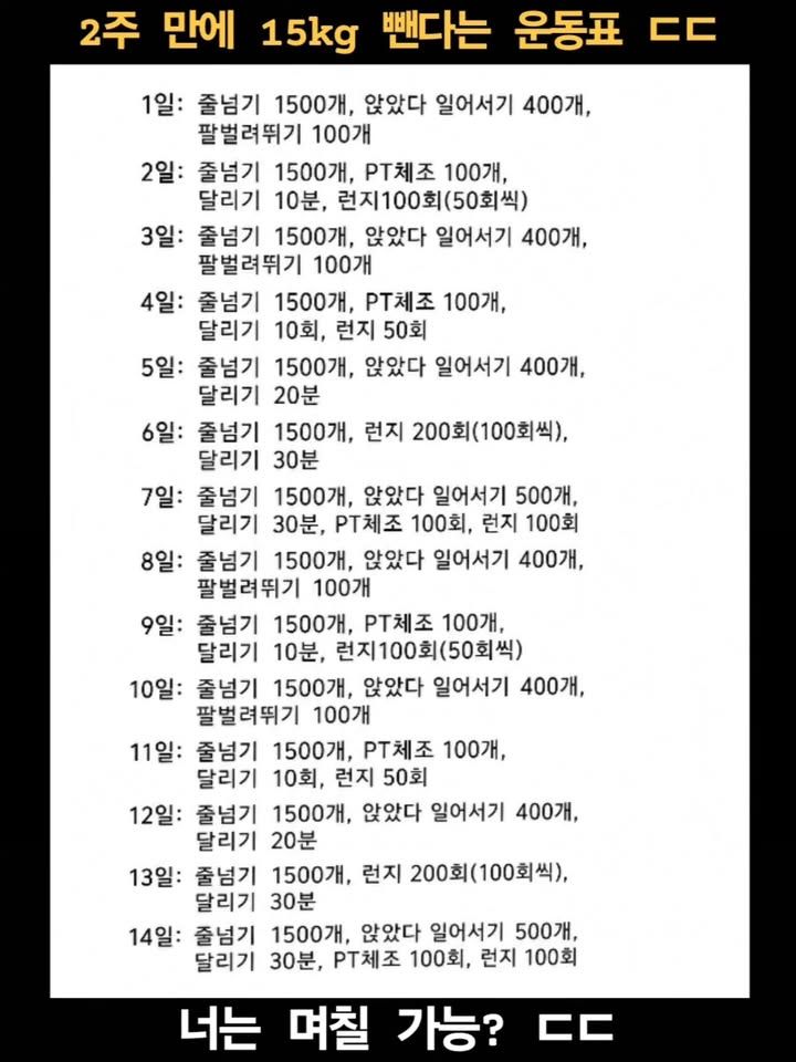 2주만에 15kg뺀다는 운동표