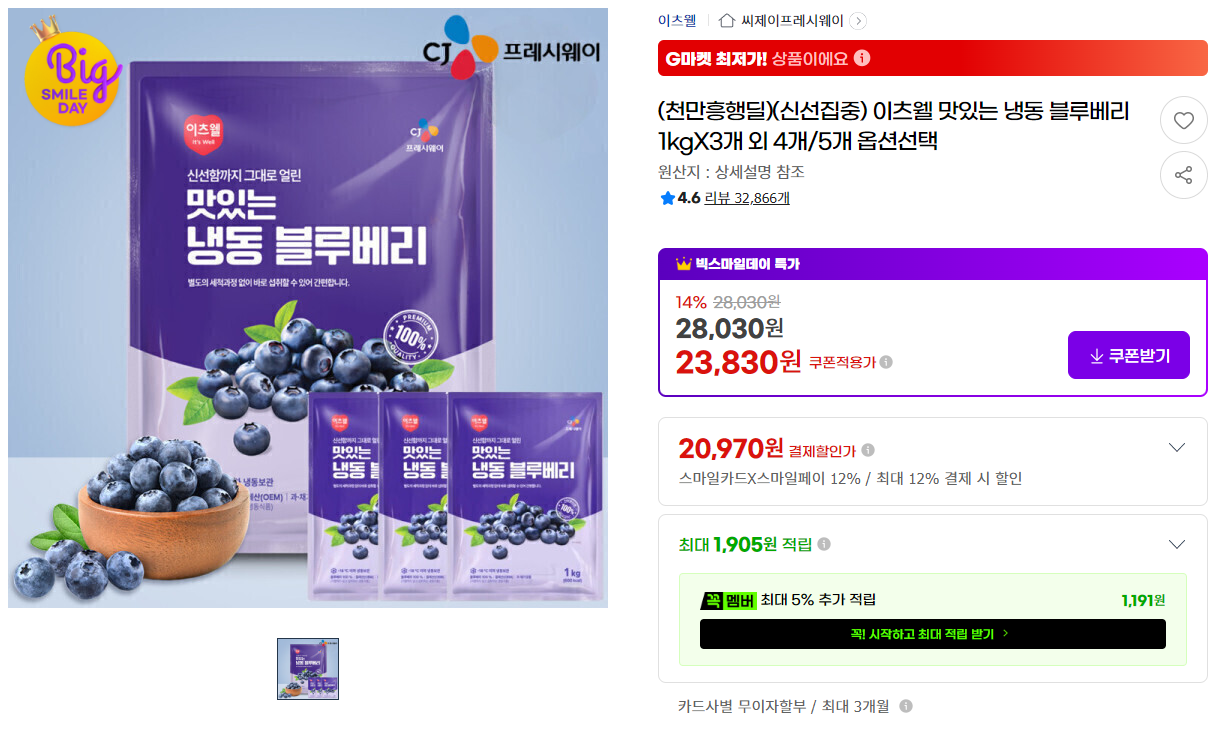 [지마켓](천만흥행딜)(신선집중) 이츠웰 맛있는 냉동 블루베리 1kgX3개 외 4개/5개 옵션선택