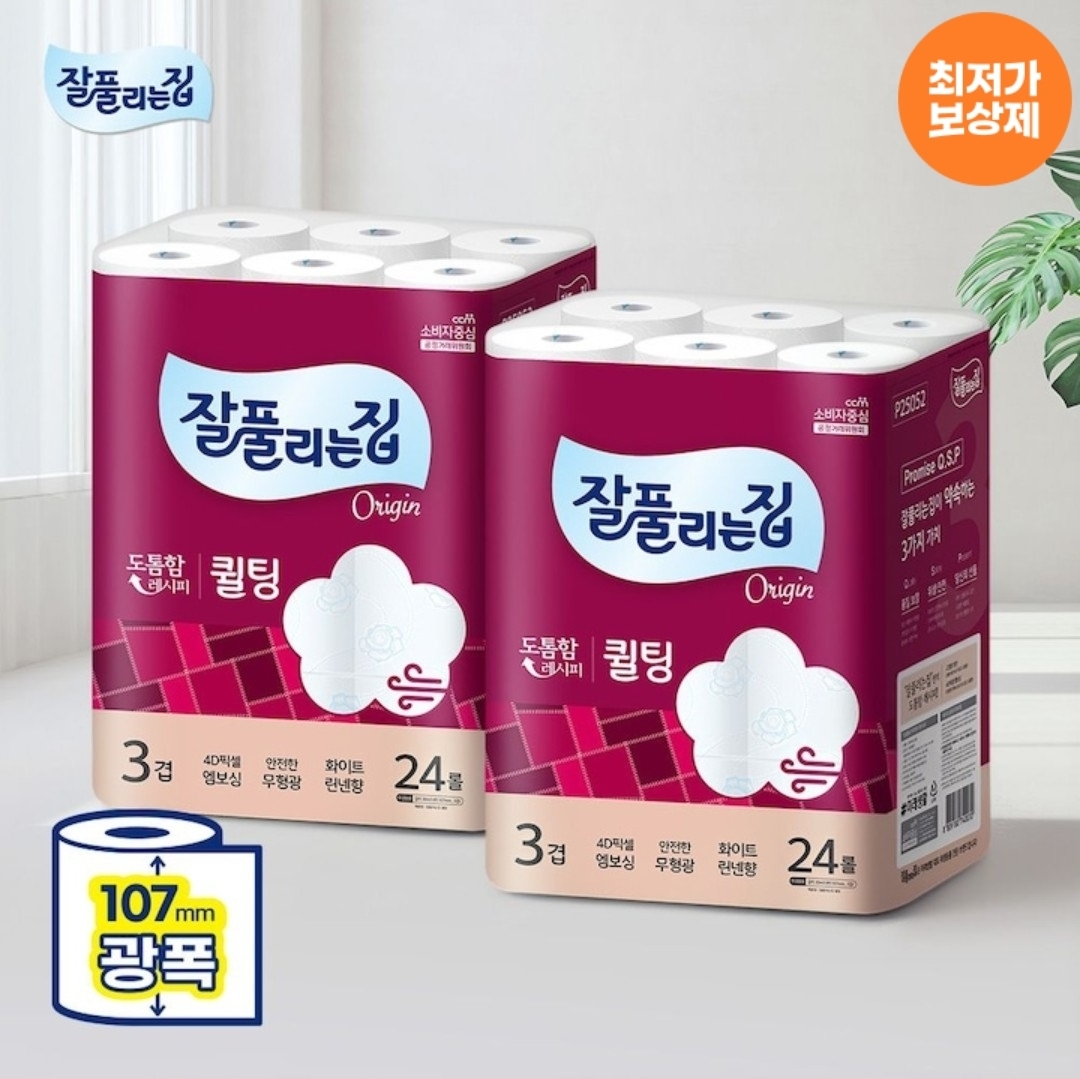 [오늘의집]잘풀리는집 도톰한 3겹 퀼팅 광폭 화장지 30m x 24롤 x 2팩
