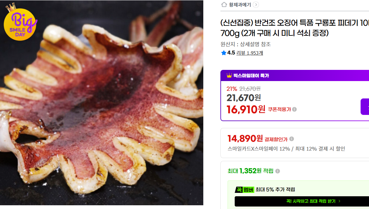 [지마켓](신선집중) 반건조 오징어 특품 구룡포 피데기 10미 총 700g (2개 구매 시 미니 석쇠 증정)