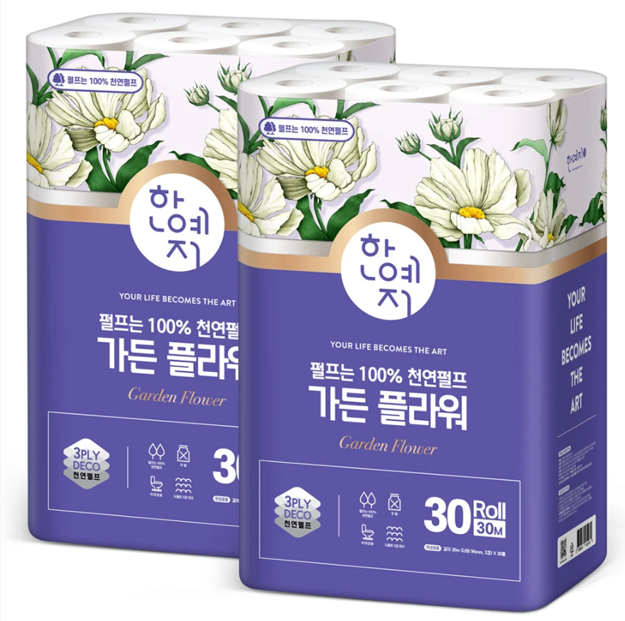 [토스쇼핑] 하루특가)한예지 가든 플라워 롤 화장지, 3겹, 30m, 30롤, 2팩