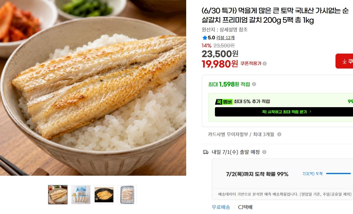 [지마켓] 큰 토막 국내산 가시없는 순살갈치 프리미엄 갈치 200g 5팩 총 1kg