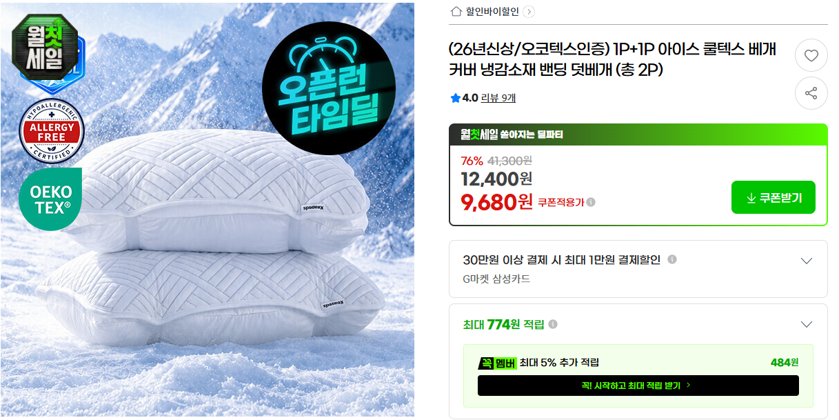 [지마켓] (26년신상/오코텍스인증) 1P+1P 아이스 쿨텍스 베개커버 냉감소재 밴딩 덧베개 (총 2P)