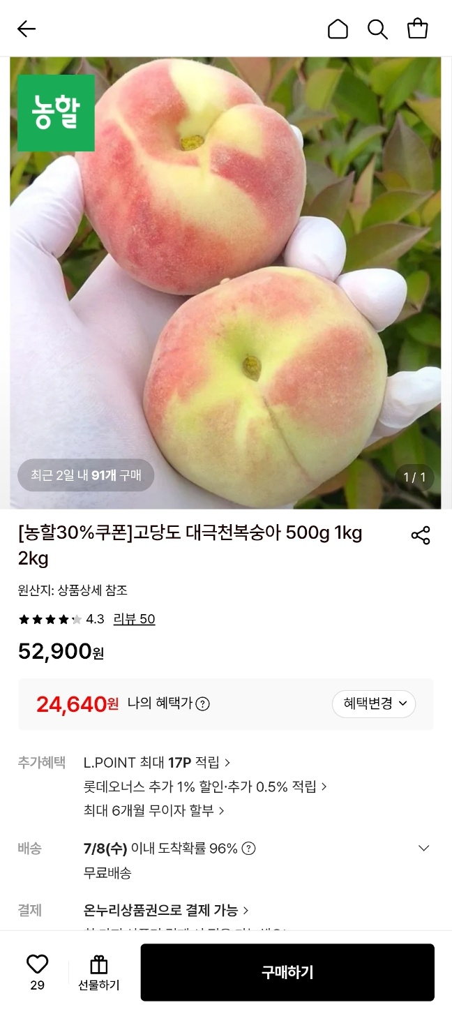 [롯데온] 반납작 대극천복숭아 4kg