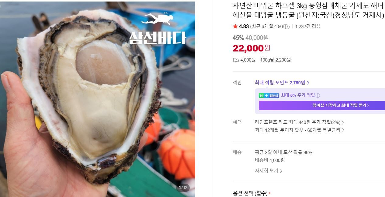[네이버] 자연산 바위굴 하프셀 3kg 통영삼배체굴 거제도 해녀