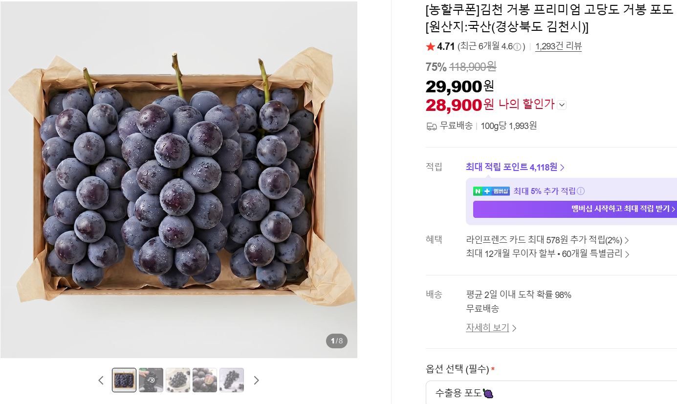 [네이버] [농할쿠폰]김천 거봉 프리미엄 고당도 거봉 포도