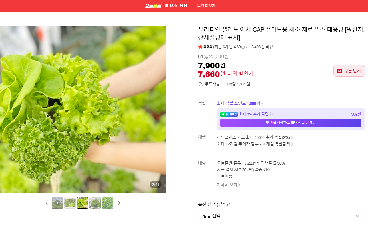 [네이버] 유러피안 샐러드 야채 GAP 샐러드용 채소 재료 믹스 대용량