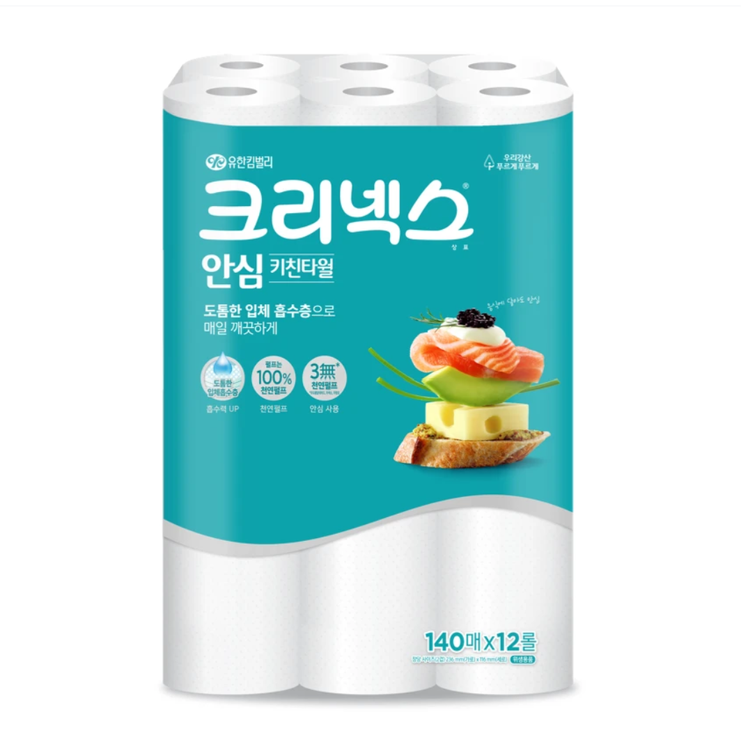 [토스] 리뷰4.9) 크리넥스 안심 키친타월, 140매, 12롤, 1팩